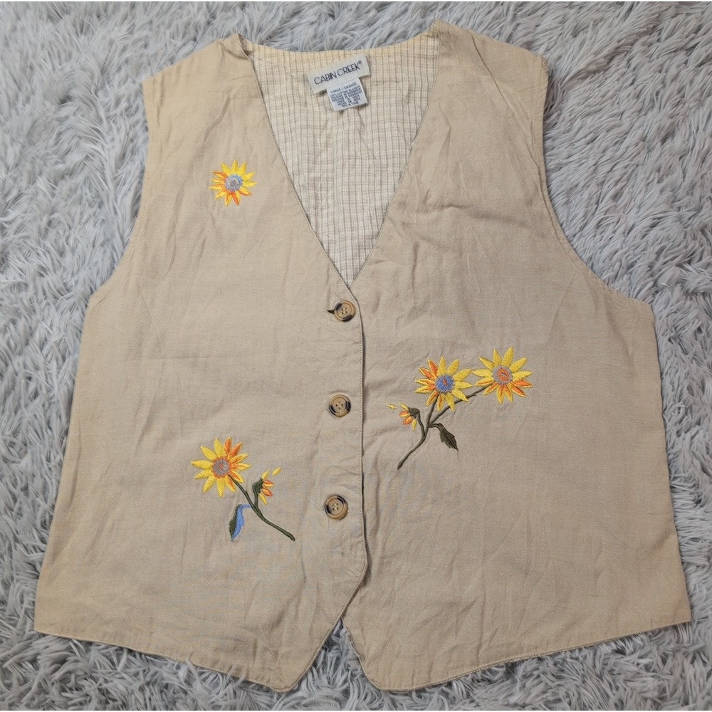 Vintage Cabin Creek Vest Womens L Biege Lightweight Button Up Floral Embroidery